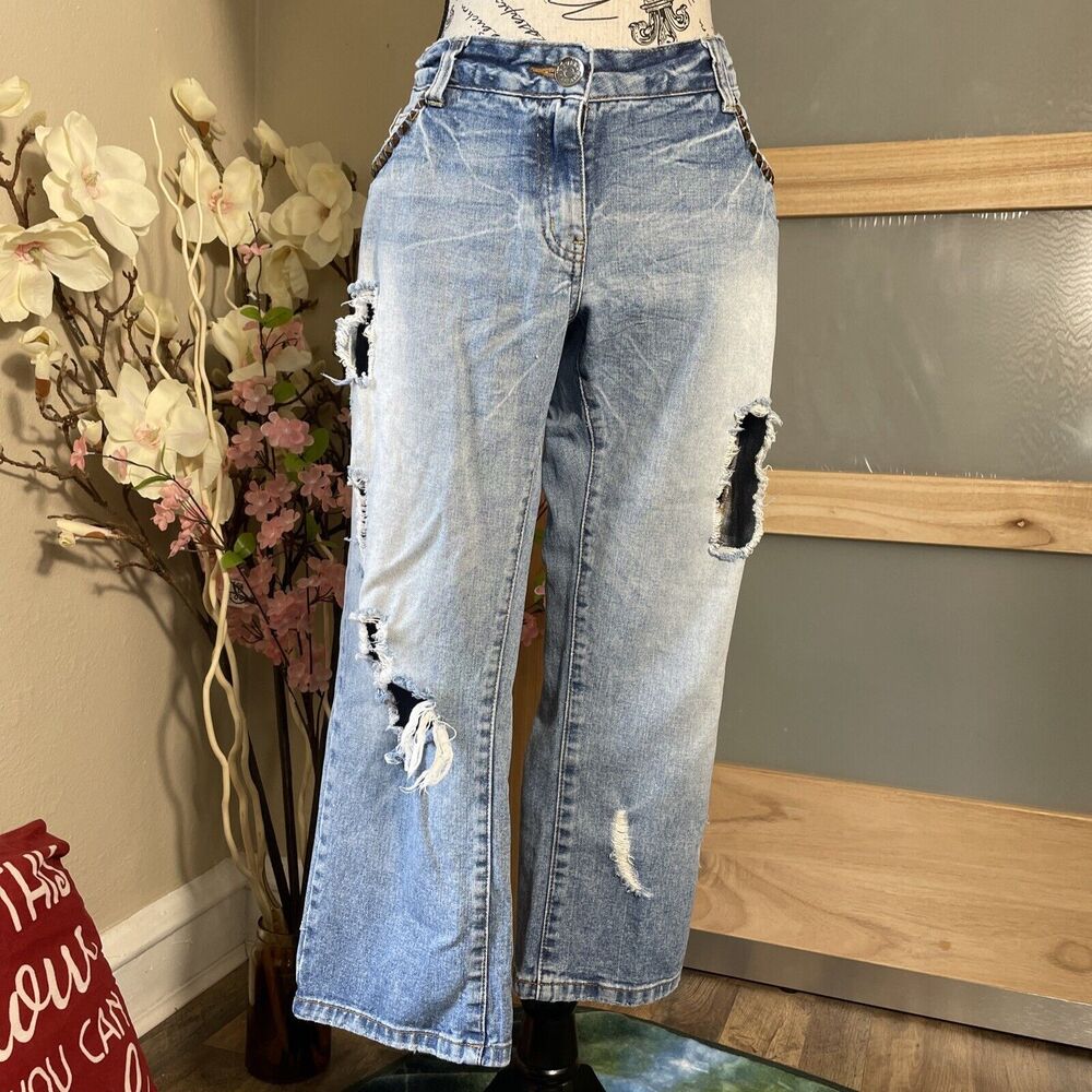 River Island Cropped Jeans Light Wash Low Rise Size 16/42 Bootcut Distressed